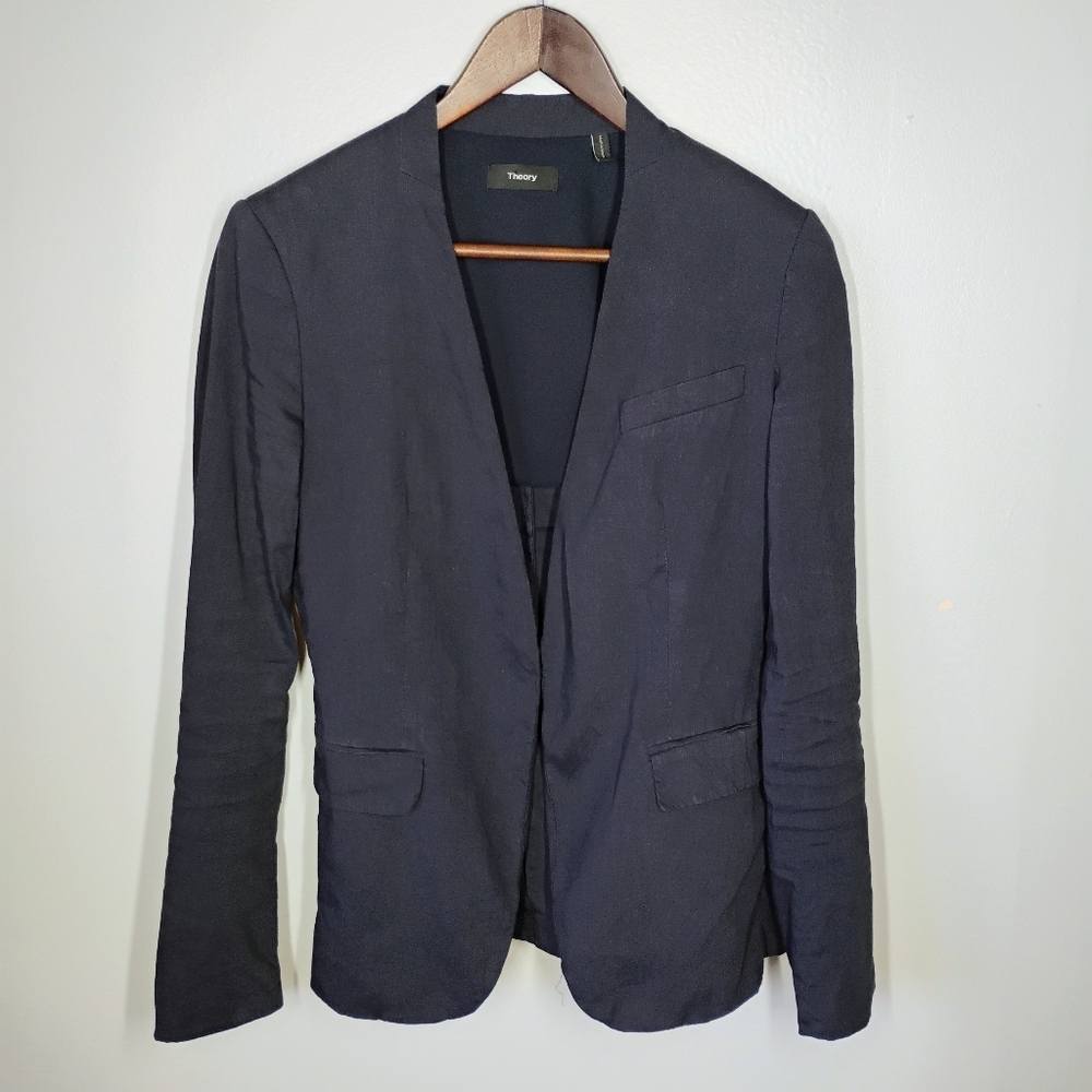 Theory Linen Blend Blazer Jacket Navy Blue Open Front Career Business Size‎ 2